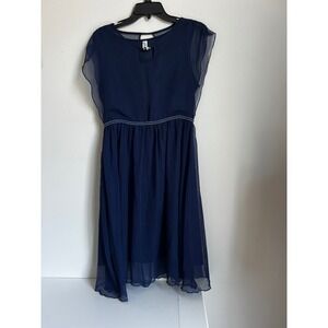 Navy Blue Sheer‎ Chiffon Midi Dress Sleeveless Keyhole Detail Party DressSz L